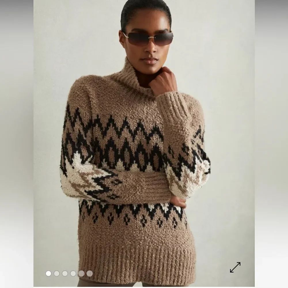 REISS Bobbi Chunky Fairisle Pattern Knit Funnel Neck Jumper In Brown Size Large